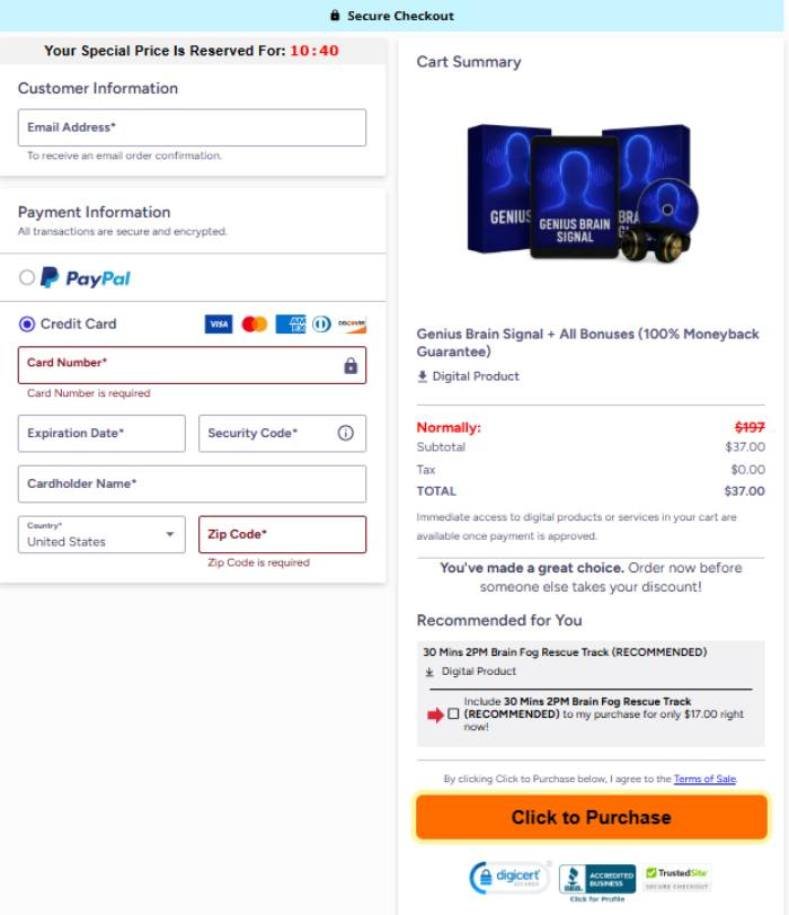 Secure checkout for Genius Brain Signal with protected payment processing